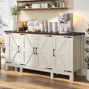 DWVO 59'' Sideboard Buffet Cabinet, Farmhouse Coffee Bar Cabinet with Adjustable Shelves for Living Room, Entryway, Rustic White