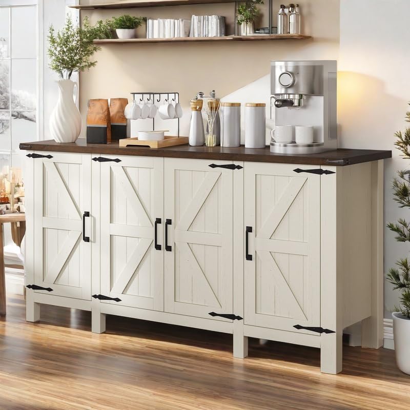 DWVO 59'' Sideboard Buffet Cabinet, Farmhouse Coffee Bar Cabinet with Adjustable Shelves for Living Room, Entryway, Rustic White