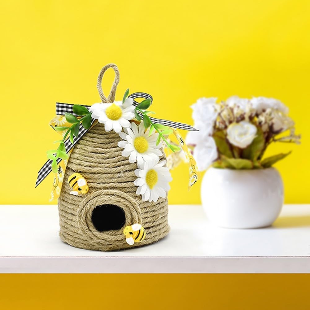 FACAIIO Handgefertigter Jute-Bienenstock-Ornament mit Holzbienen, Büffelkariertes Band, Landhaus-Dekoration (A und A)