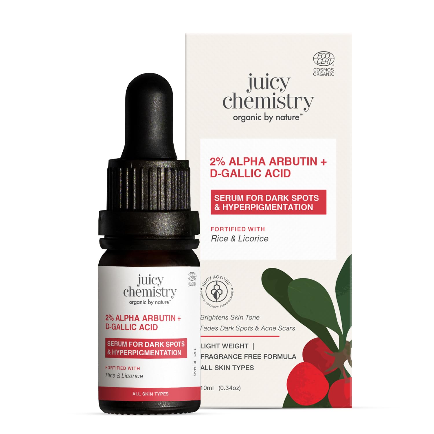 Juicy Chemistry 2% Alpha Arbutin + D-Gallic Acid Face Serum, 10 ml | Brightens Skin & Reduces Hyperpigmentation | Fades Dark Spots & Acne Marks | For Men, Women | Certified Organic