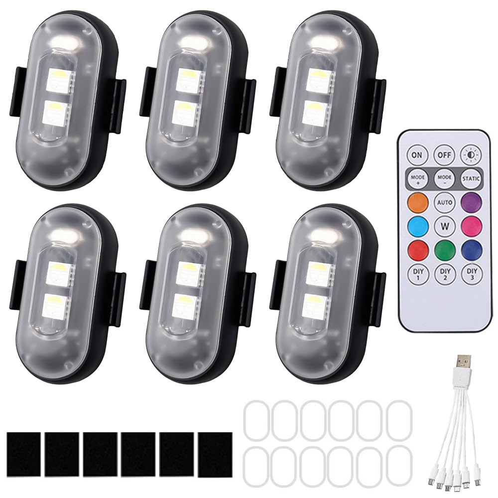 FENYW 6 Stück Kabellose LED Lichter, 8 Farben Wasserdicht Blitzlicht mit Fernbedienung, USB-Aufladung Antikollisionslichter, USB Aufladung Blitzleuchte für Motorrad, Drohne, Camping, Angeln