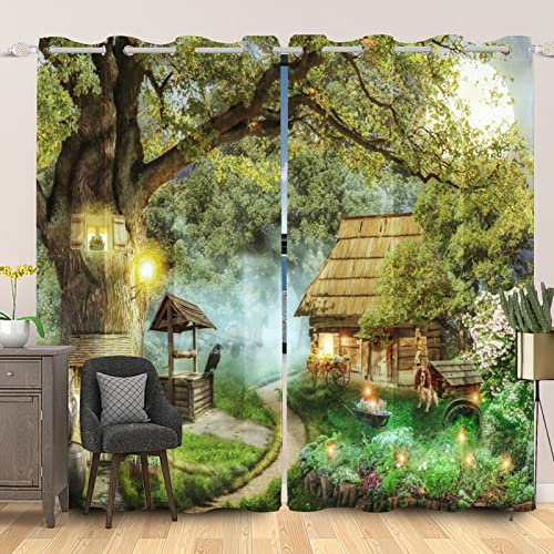 SDOTPMT 117x183cm Magic Tree Window Curtains Wooden House Foggy Forest Lantern Fairytale Window Drape Farm Natural Scenery Window Treatment for Kids Living Room Bedroom Blackout Curtain