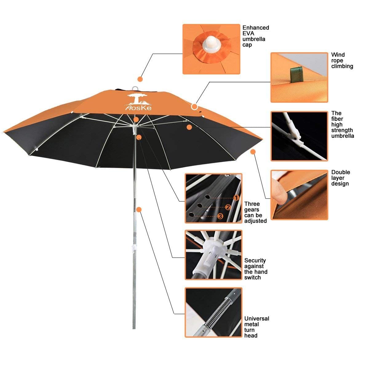 AosKe Beach Umbrella UV 50+,Umbrella with Sand Anchor & Tilt Aluminum