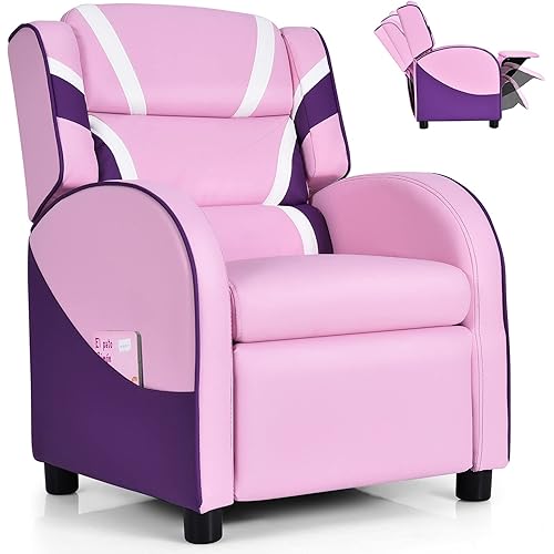 Costzon Kids Recliner, Gaming Recliner Chair w/Footrest, Headrest, Lumbar Support & Side Pockets, Ergonomic Leather Lounge Chair for Living & Gaming Room, Adjustable Recliner Sofa for Boys Girls, Pink