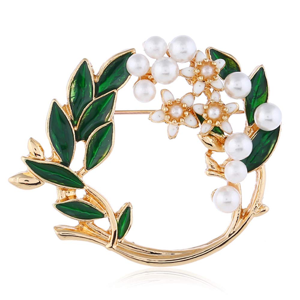 Dtja Pearl Flower Wreath Brooches for Women Men Girls Gold Tone Fashion Vintage Green Olive Leaf Hollow Garland Brooch Pins Bow Tie Necktie Dress Accessories Jewelry Birthday, Metal