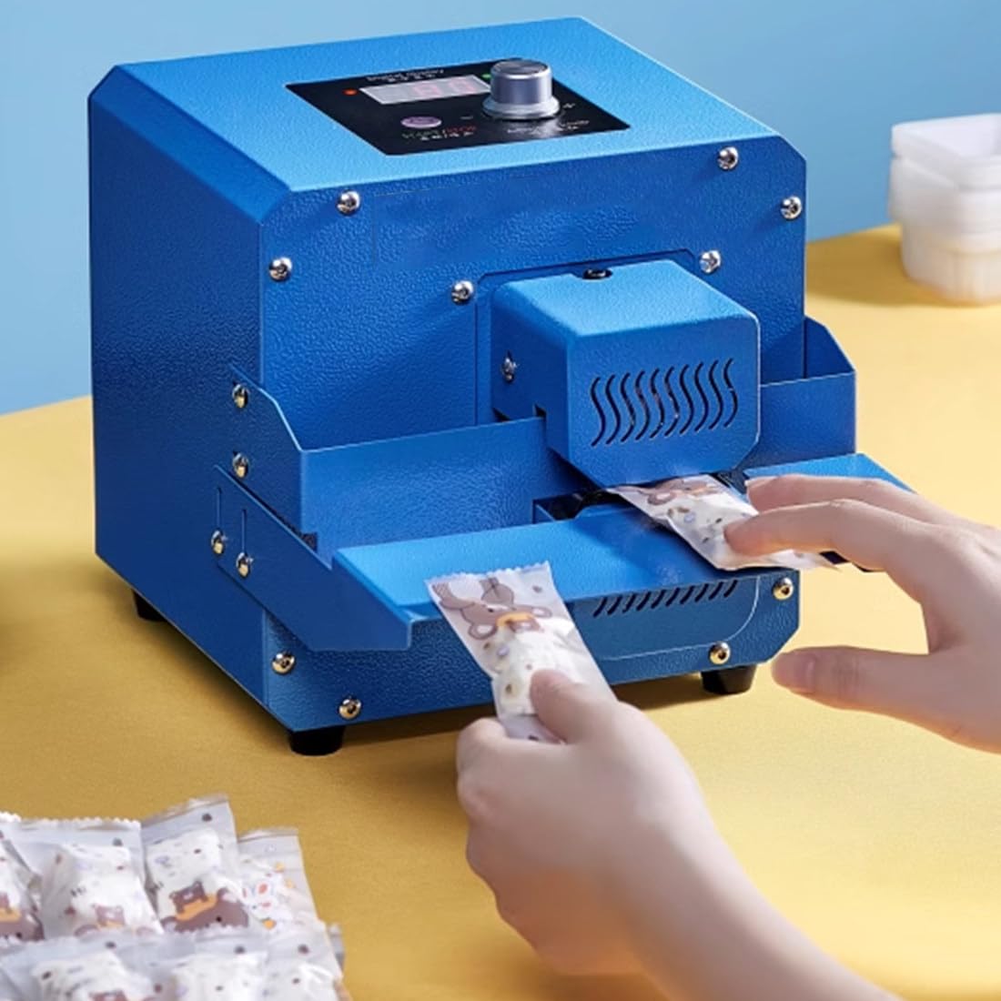 Selladora de Banda Continua, Selladora térmica Horizontal de Bolsas de plástico, Envasadora automática de Alimentos, Fecha imprimible, Velocidad de Sellado de 5 m/min, para Bolsas
