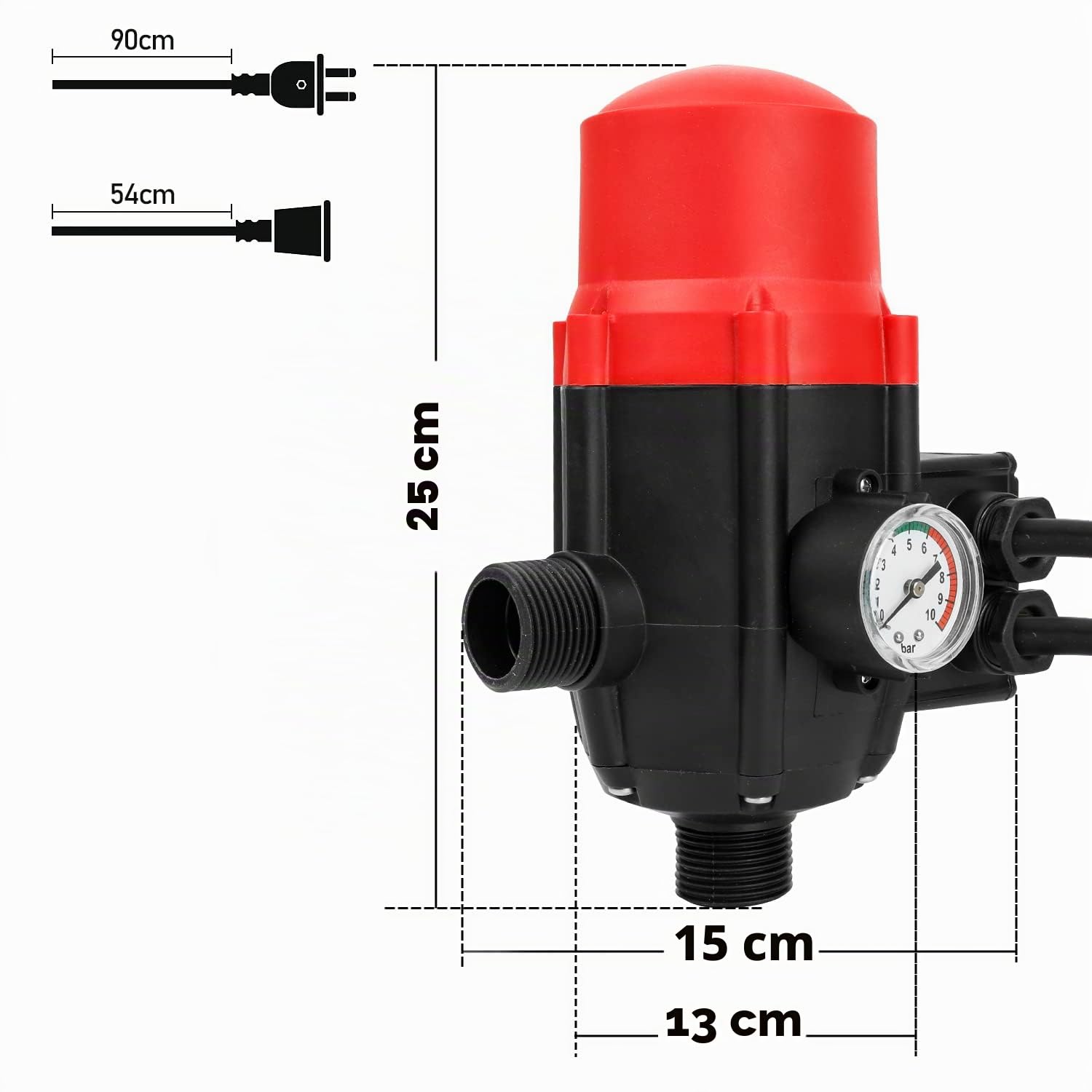 Ikodm Commande de pompe avec indicateur de bar et câble, Pressostat de 10 bar Marche/Arrêt Automatique Pression d'eau Constante pour Jardin Maison, Contrôle la pression de l'eau, Rouge