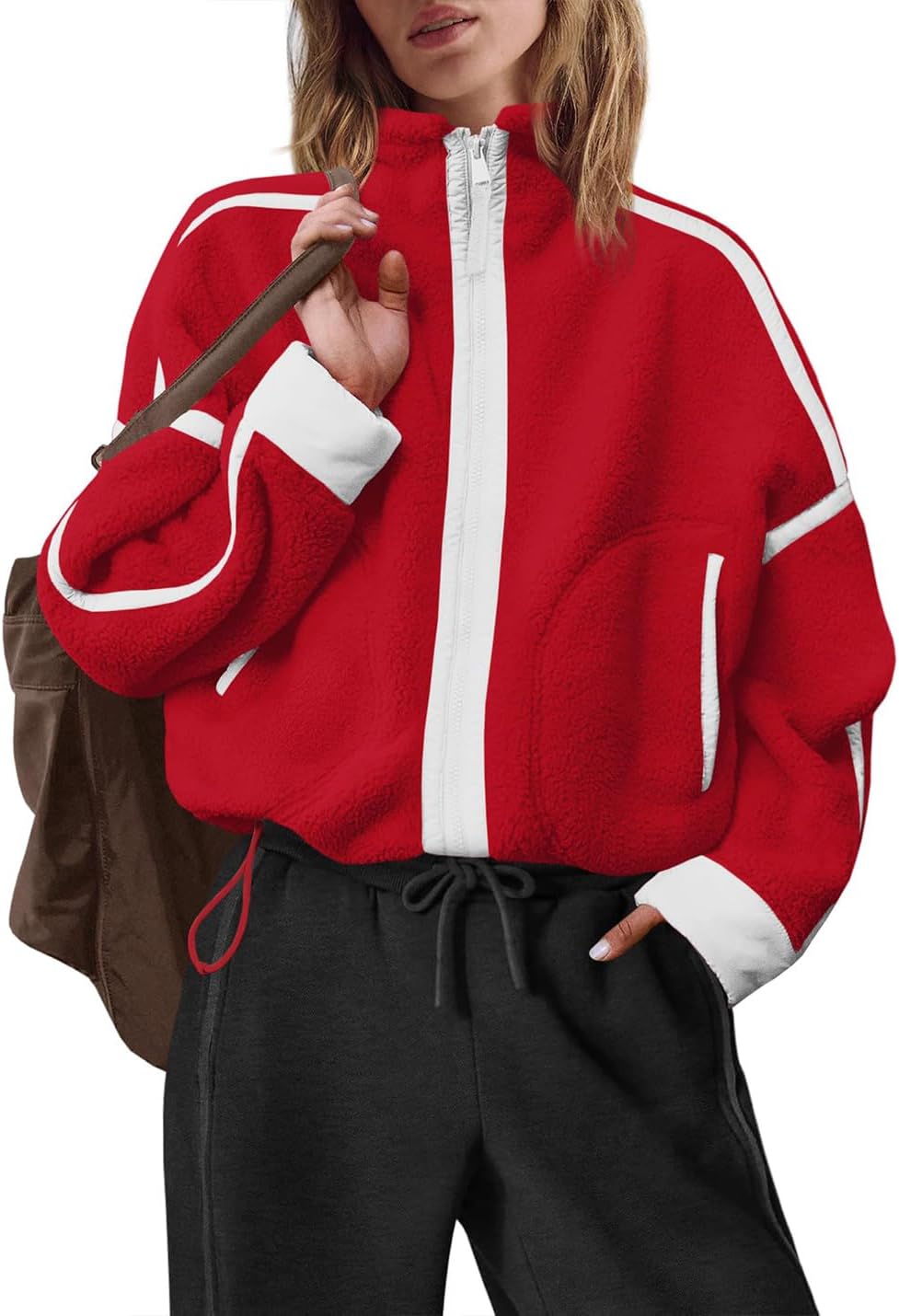 Womens Sherpa Fleece Jacket Zip Up Fuzzy Casual Oversized sweatshirts with Pockets Fall Winter Cozy Outerwear - Image 3