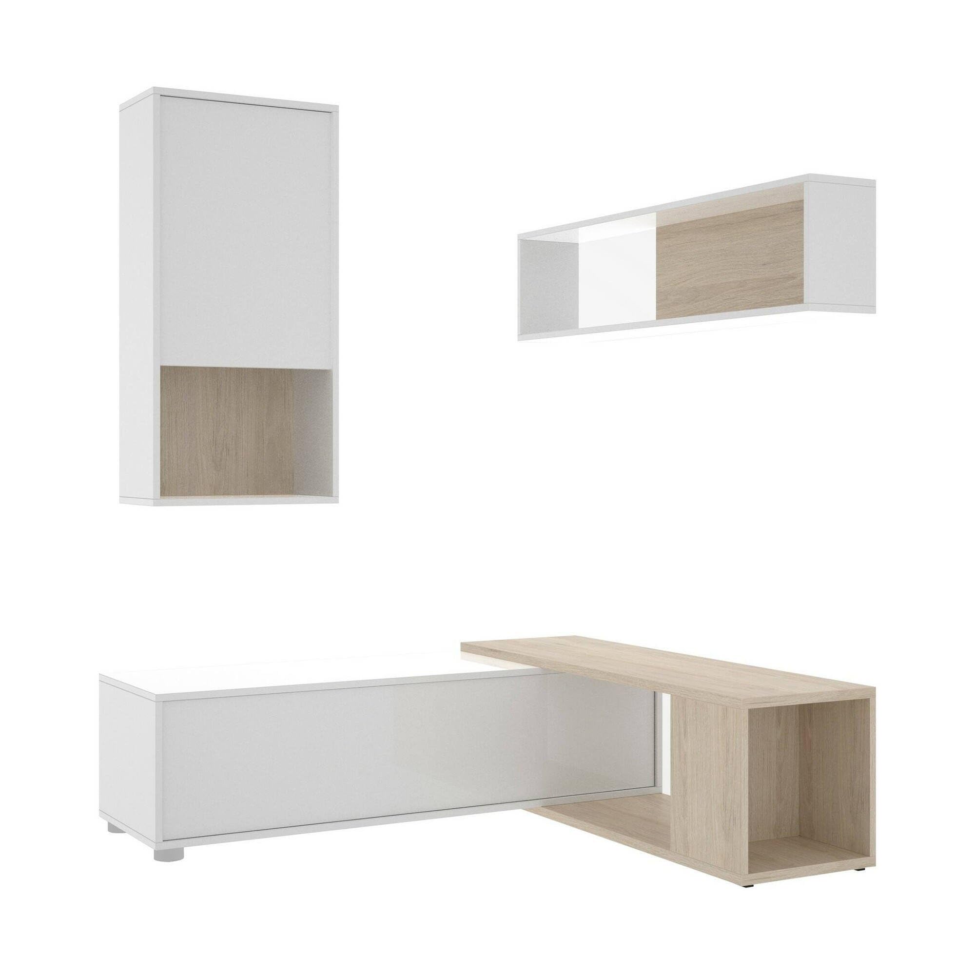 Dmora - Wohnwand Denali, modulares Eck-Wohnzimmerset, Multipositions-Wohnzimmermöbel, 230 x 41 x 180 cm, Weiß und Eiche