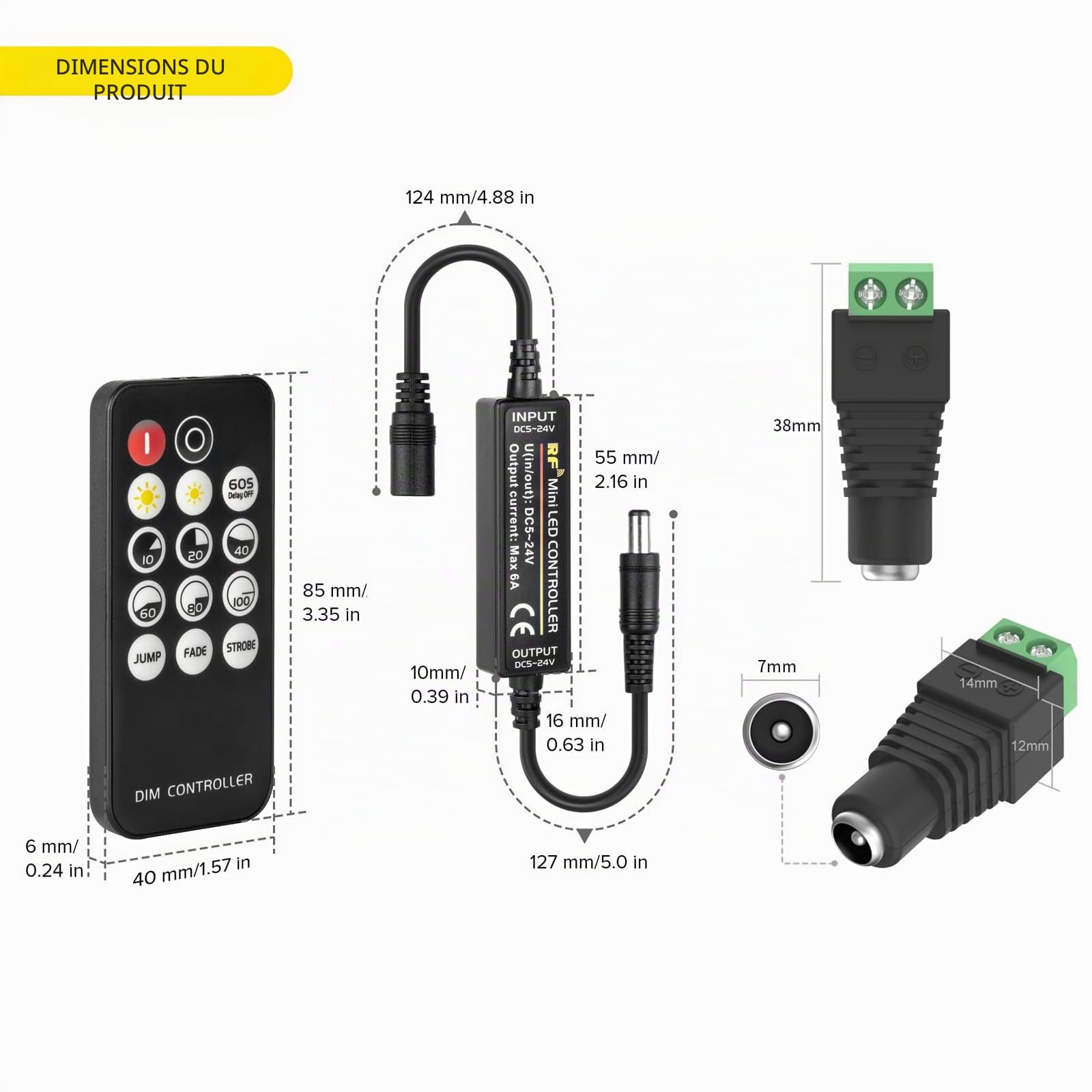 Mini RF Contrôleur de Gradateur LED Variateur Tension d'entrée 5V-24V Télécommande 14 Touches Convient aux Bandes de LED COB SMD 5V/12V/24V