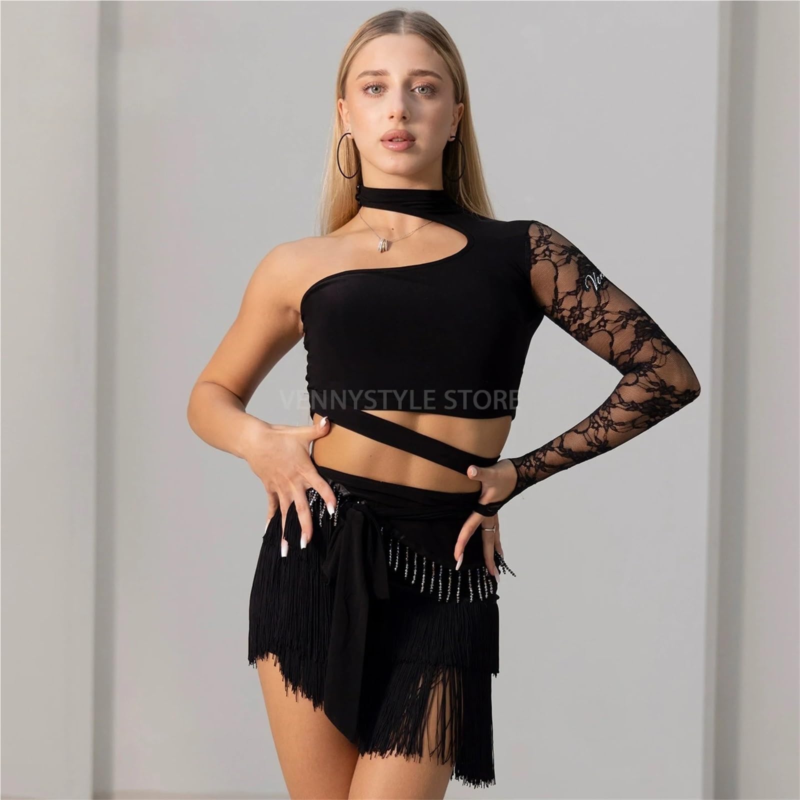 Latin Dance Dress For Women Lace Insert Top With Fringe Short Skirt Elegant Practice Set