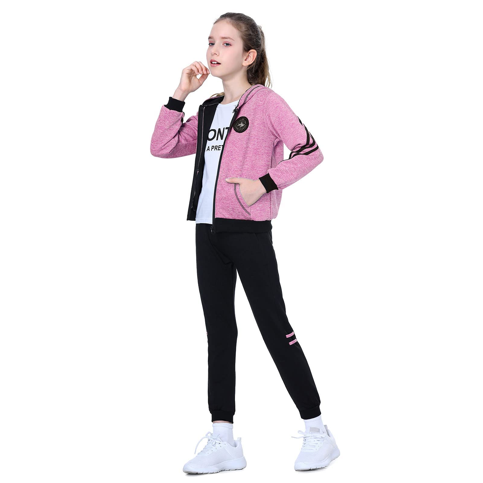 LPATTERN Dziecięcy dres treningowy dla dziewczynek 2/3 szt., zestaw sportowy do joggingu, koszulka + bluza + spodnie sportowe dres do joggingu, różowo-czerwony (3 szt.), 140/9-10 lat