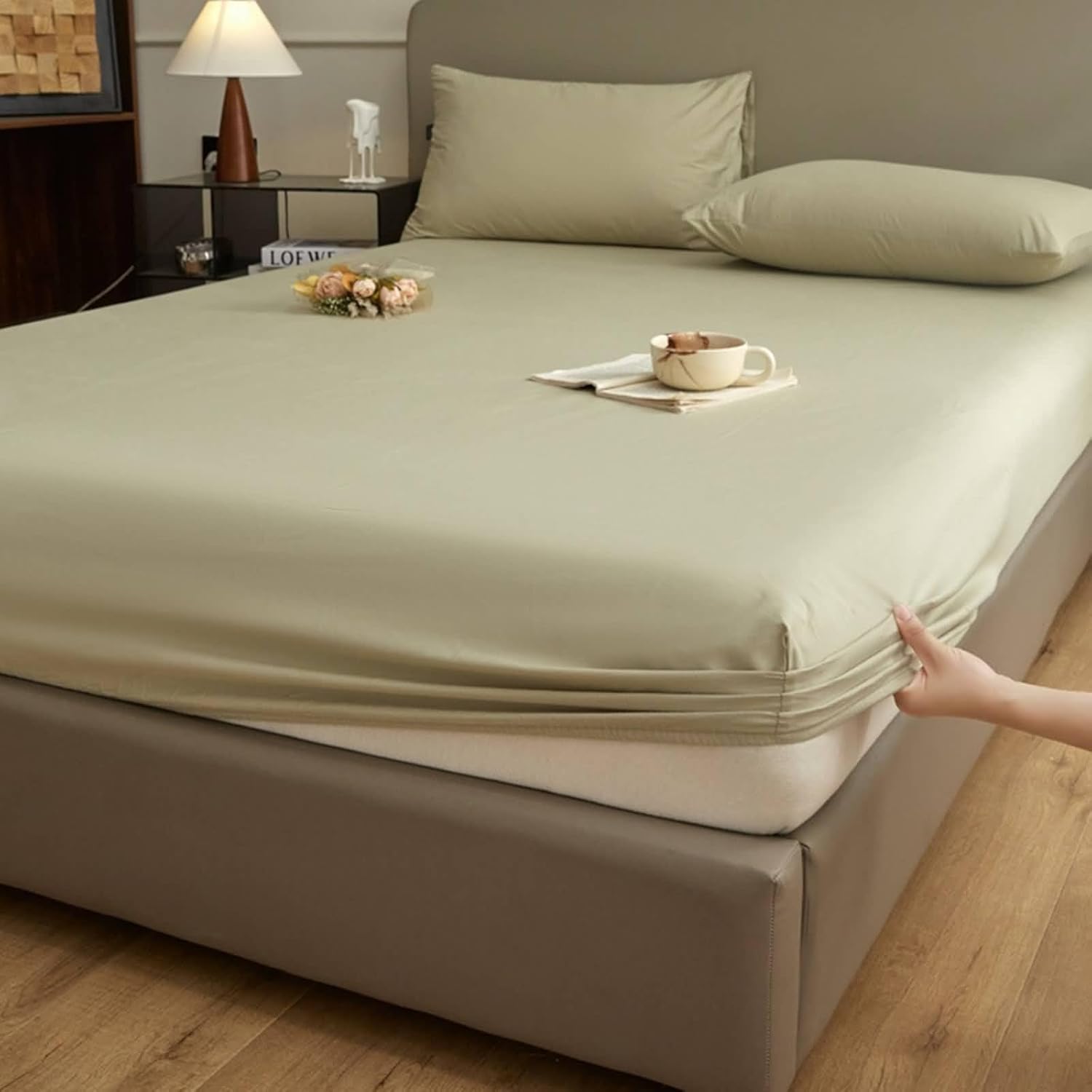 Fitted Queen Sheet Set, Cotton Solid Color Bed Sheet Fitted and 2 Pillowcases Breathable, Blue-Grey, Queen (79 x 59)