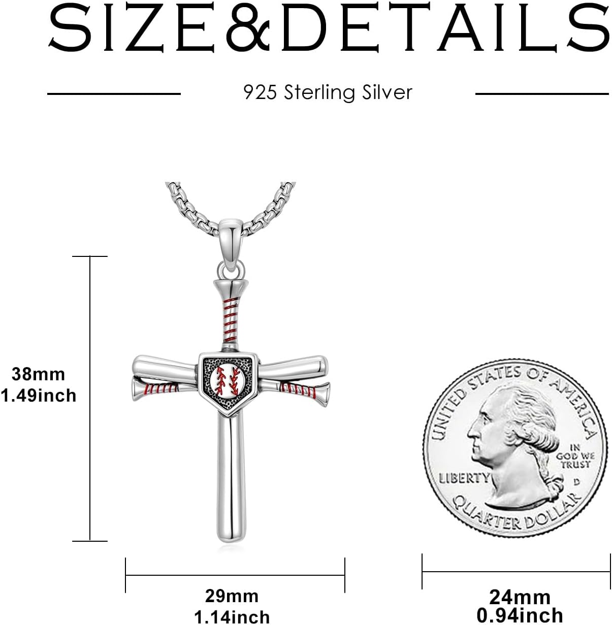 Baseball Cross Necklace 925 Sterling Silver Baseball Pendant Sport Jewelry Gifts, w/Stainless Steel Chain 22”+2” - Image 5
