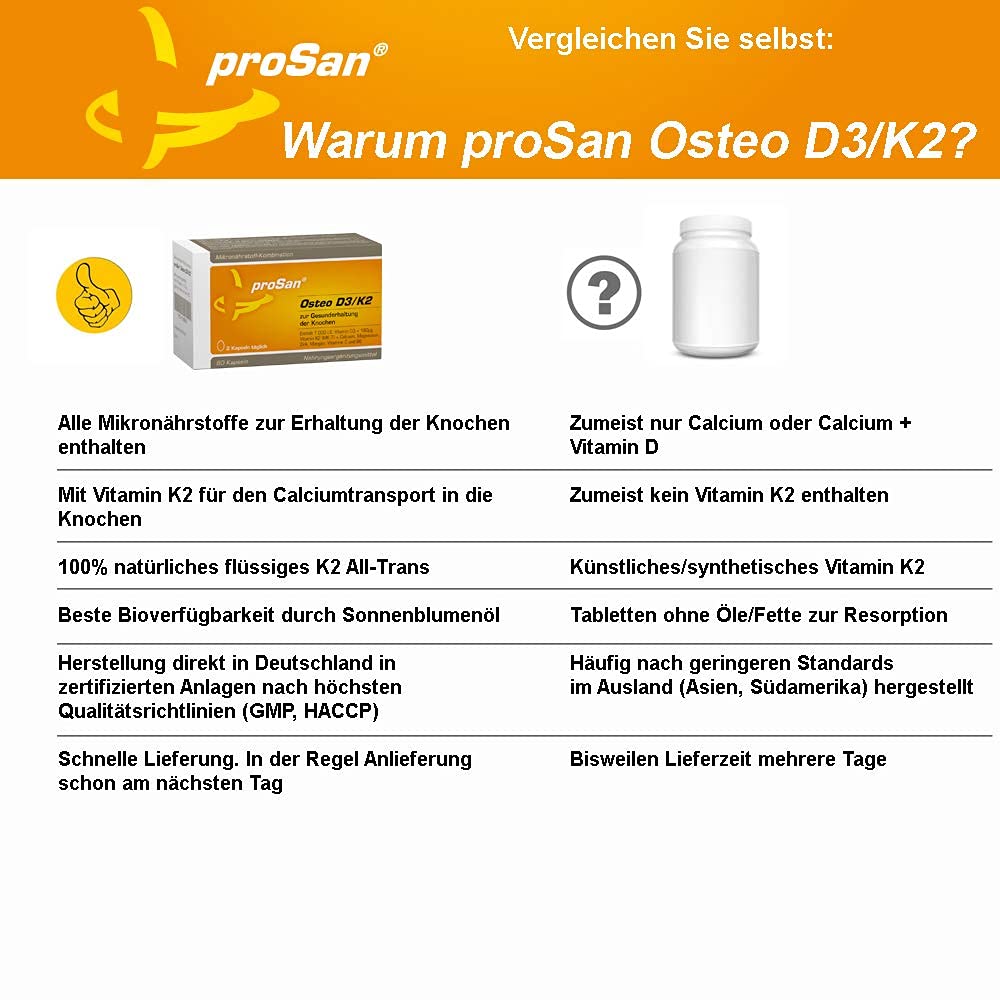 proSan Osteo D3/K2 (Monatspackung: 60 Kapseln) | Vitamin D3 + K2, Calcium + Magnesium, Erhaltung normaler Knochen, Kombinierbar mit Osteoporose-Medikamenten