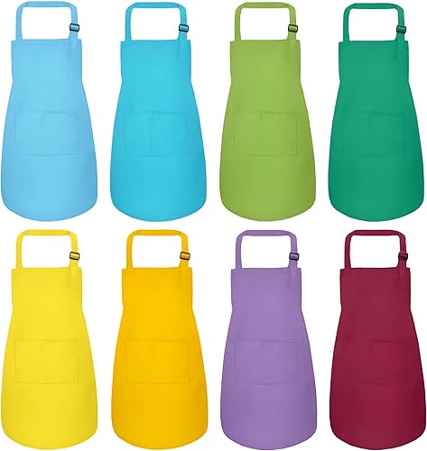 Juego de delantal y sombrero de chef para niños, 24 piezas con 2 bolsillos ajustables para cocinar, aula, hornear, pintura, 6 a 13 años, multicolor