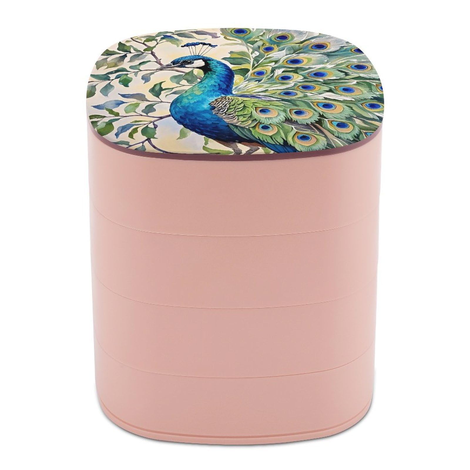 FekiLoot Rotating Peacock Watercolor Painting Jewelry Box Large Capacity Jewelry Organizer with Mirror 4 Tier Hoop Ring And Earring Holder With Lid Small Travel Jewelry Case for Women