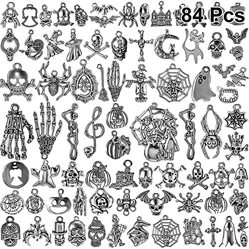84 Pieces Halloween Pendants Halloween Charm Antique Silver Pendants Halloween Jewelry Making Accessory for DIY Necklace Bracelet