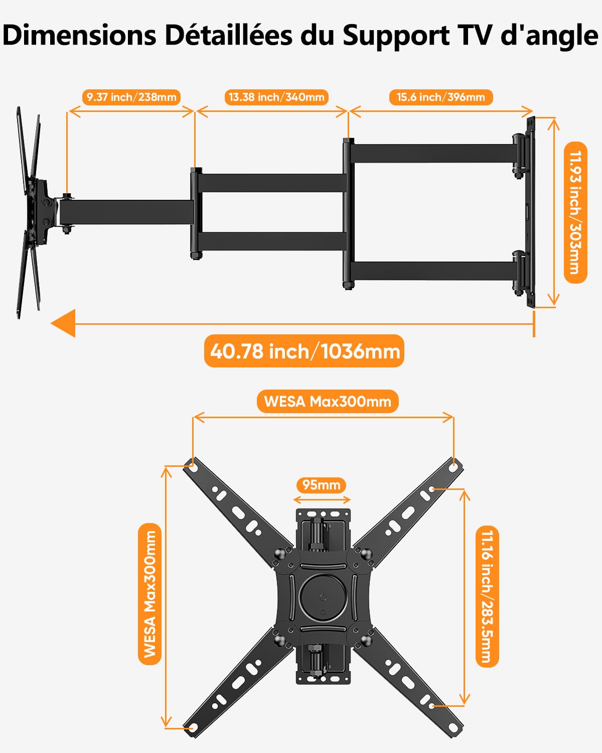 Support Mural TV à Extra Longue Portée 1035 mm, 180° Pivotant Support TV Mural Orientable et Inclinable pour Téléviseurs, Écrans & Monitors 17-50 Pouces LED LCD jusqu'à 30 kg, Max VESA 300x300 mm