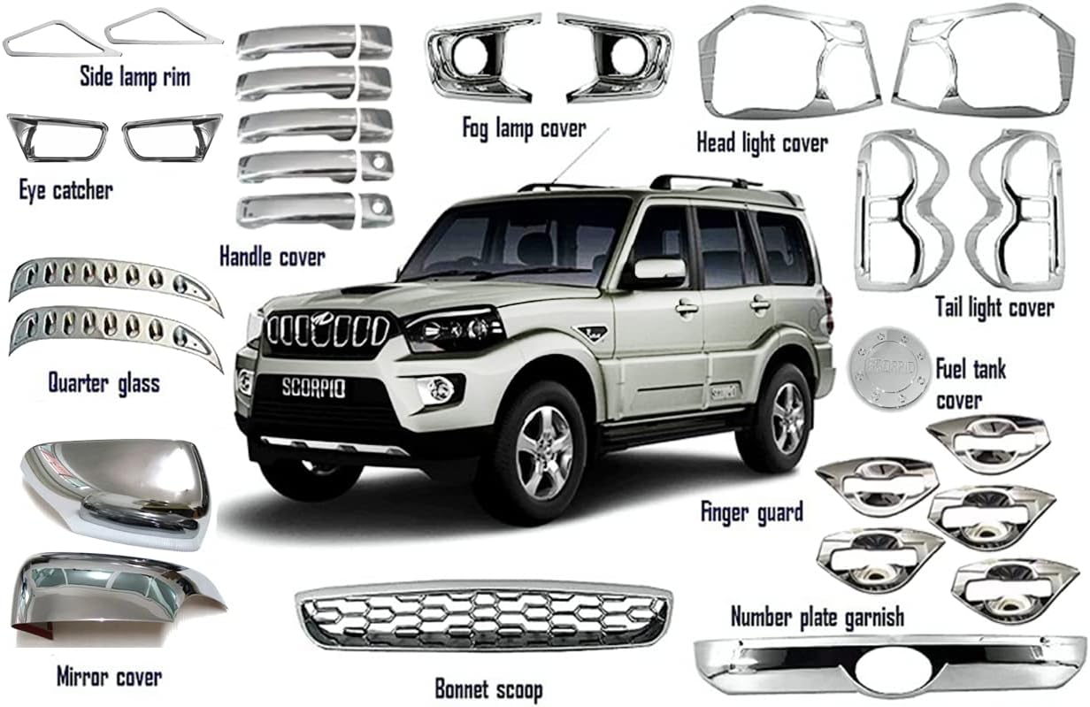 CAR SAAZ Exterior Chrome Accessories Combo Kit Compatible with Scorpio (2018-2021) Set of 27Pcs