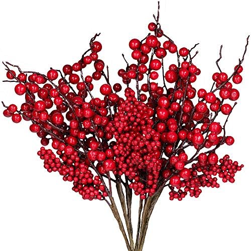6 Pcs Artificial Red Berry Picks Faux Berry Spray Branches Christmas Berry Stems Red Berry Sprigs Twigs 17" x 3.9"-6.3" (LXW) for Holiday Season Winter Décor Floral Arrangement Centerpiece