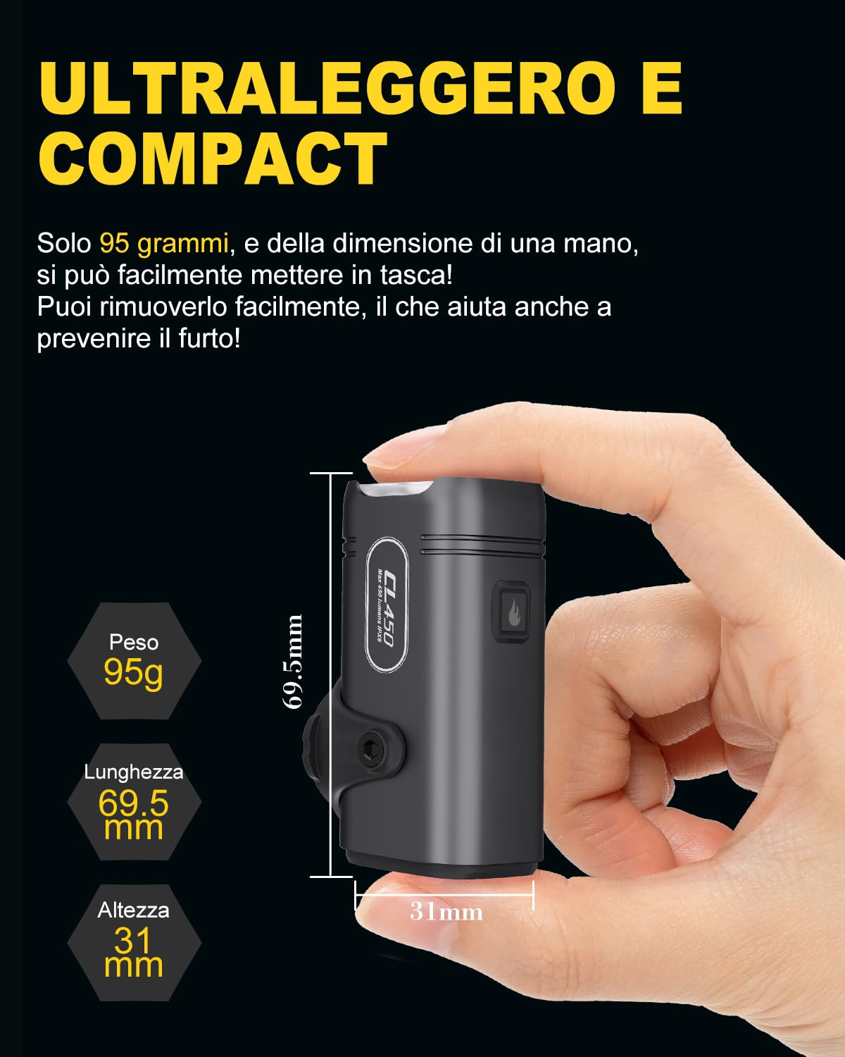 towild CL450 Luci Bici,95g Luce Anteriore Bicicletta da Strada di Dimensioni Compatte,Faro Bici 450 Lumen con 5 modalità di Illuminazione,Carica USB-C Luce Ciclismo IPX6 Fino a 7 Ore di Autonomia