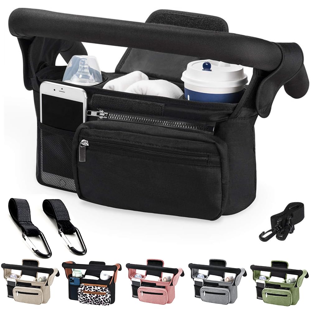 Tyuodna Kinderwagen Organizer Universal,Buggy Tasche mit 2 Isolierten Getränkehaltern, Große Kapazität & Abnehmbarer Schultergurt, rutschfeste Haken für Kinderwagen/Buggy (Balck)