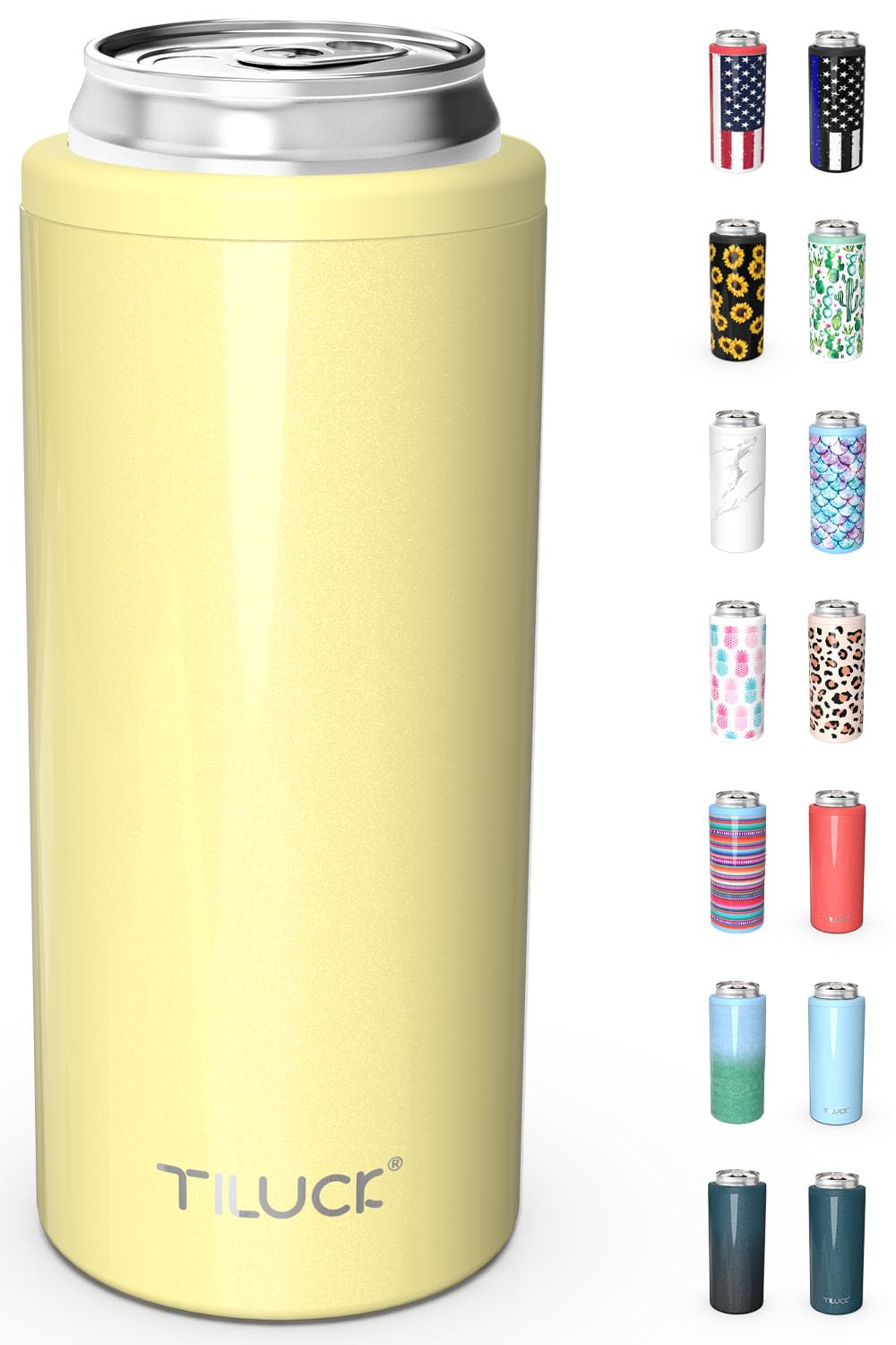 TILUCKSkinny Can Cooler for Slim Beer & Hard Seltzer, Stainless Steel, Doucle-Walled Stainless Steel Insulated Slim Cans, Standard 12 oz (Lemon)