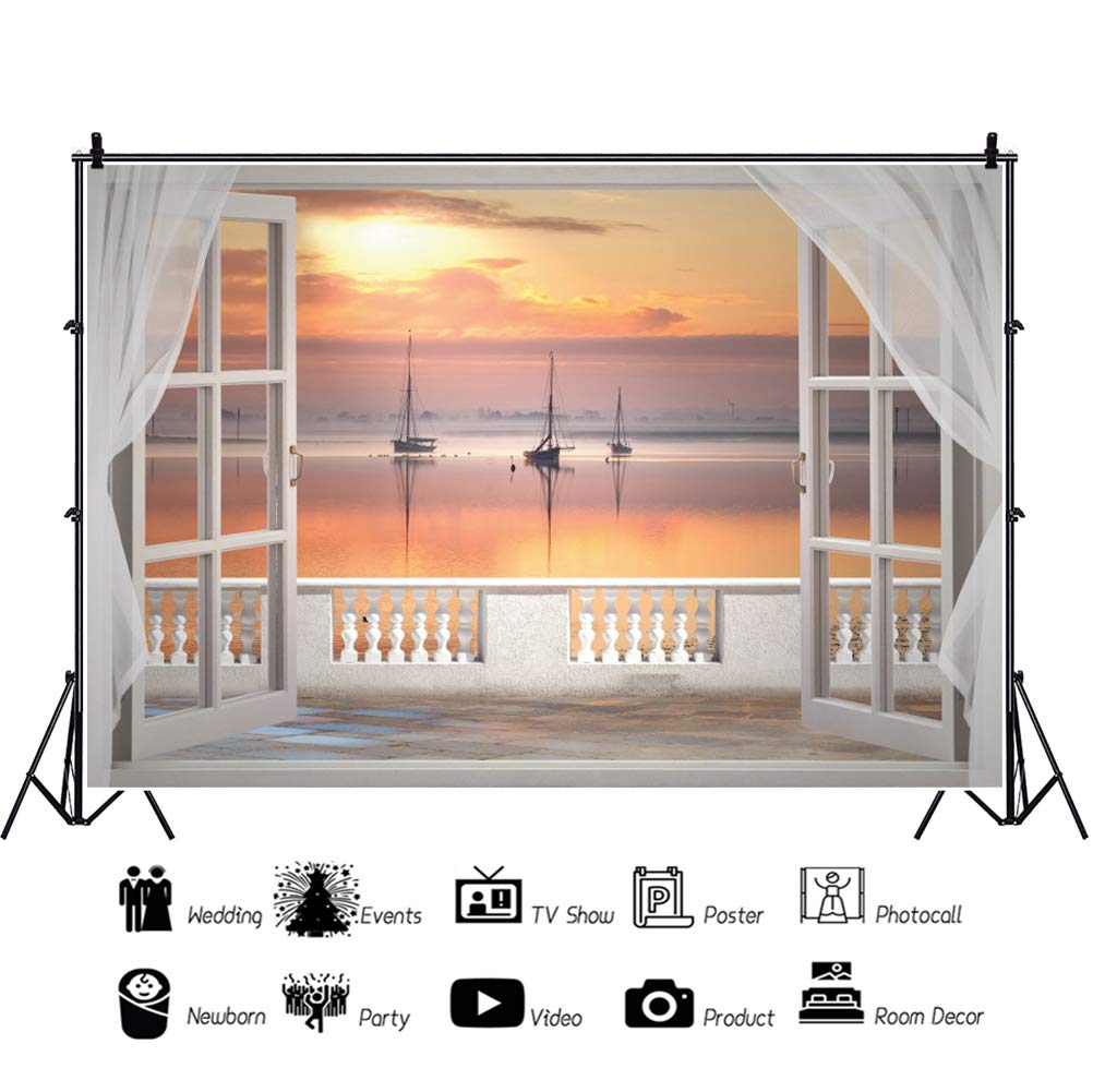 10x8ft Romántico Atardecer Correas de poliéster Ventanas Blancas tranquilas veleros a la Deriva Lago tranquilos Paisaje Natural Fondo turístico Accesorios de Estudio
