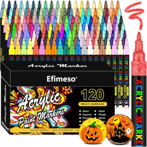 Ensemble de Feutres Acryliques Efimeso - 120 Couleurs, Marqueur Acrylique pour la Peinture sur Rochers, Céramique, Pierre, Verre, Bois et Métal, Pointe Extra Fine 0.7mm