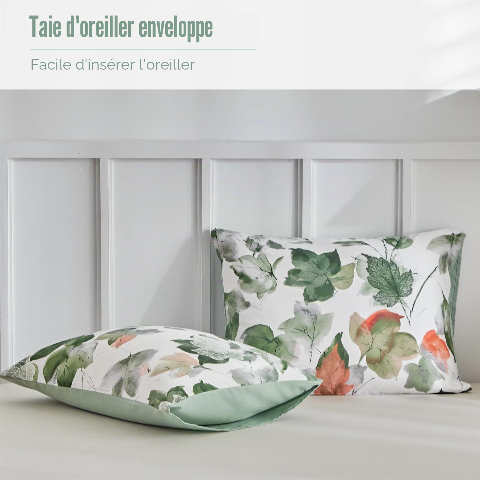 Lekesky Parure de lit 2 personnes 260 x 240 cm 3 pièces en microfibre avec motif aquarelle comprenant 1 housse de couette 260 x 240 cm + 2 taies d'oreiller 50 x 80 cm, vert érable