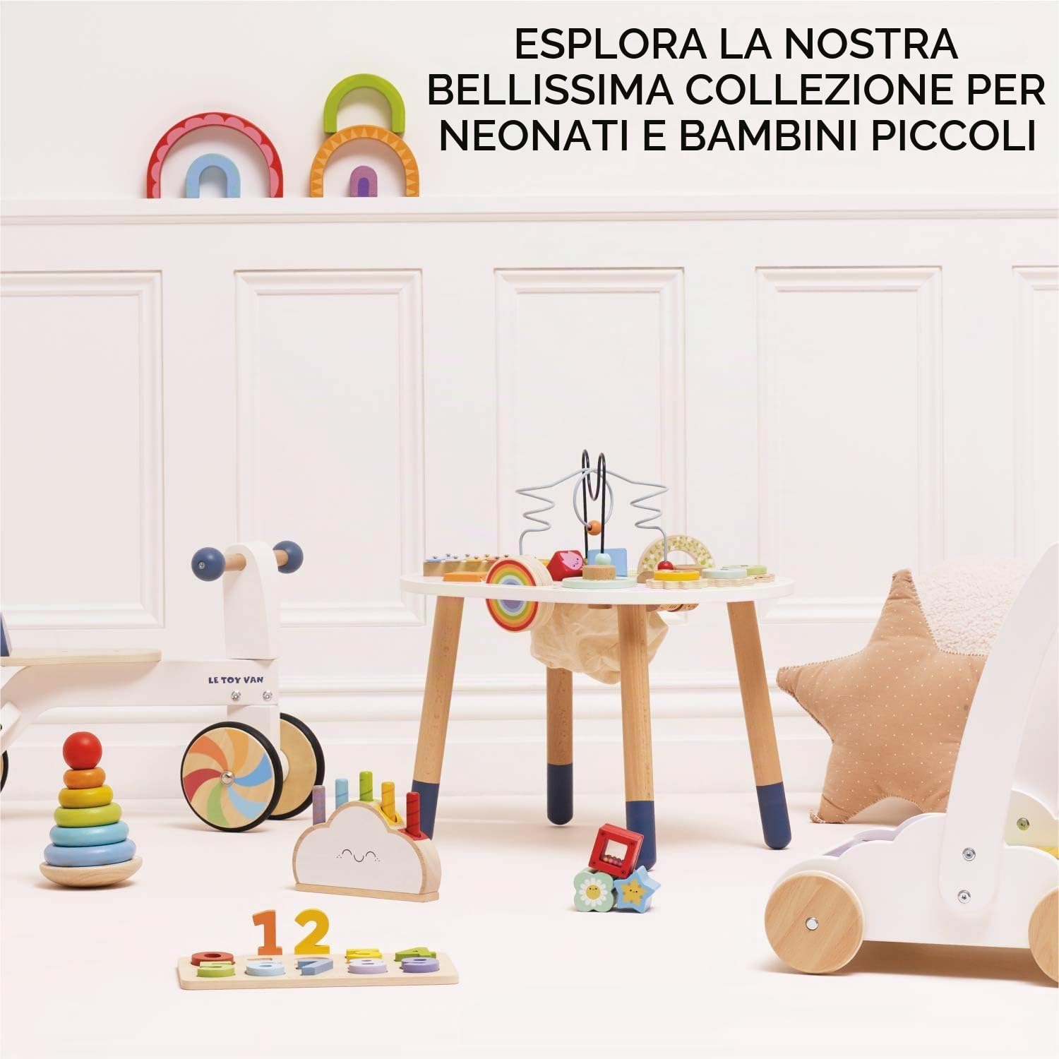 Le Toy Van - PL137 - Tavolo multiattività per Bambini, Adatto dai 18 Mesi, Tavolo multigioco Montessori, Gioco Ecologico, Giochi sensoriali, 12 attività, in Legno Certificato FSC, Petilou