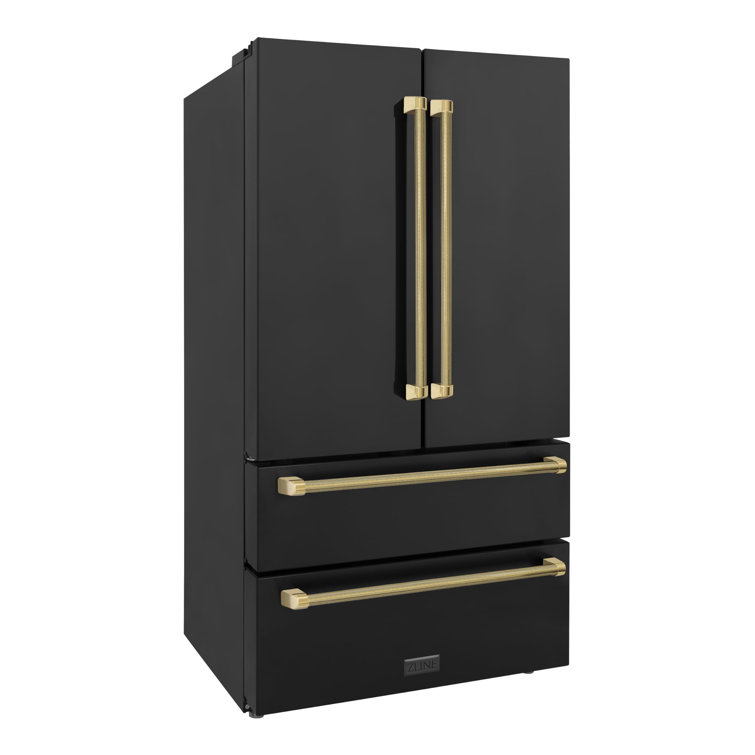 ZLINE Autograph Edition 36 in. 22.5 cu. ft. Counter-Depth French Door Refrigerator with Ice Maker in Fingerprint-Resistant Black Stainless Steel and Polished Gold Helix Handles (RFMZ-36-BS-KG) on Fridge.com