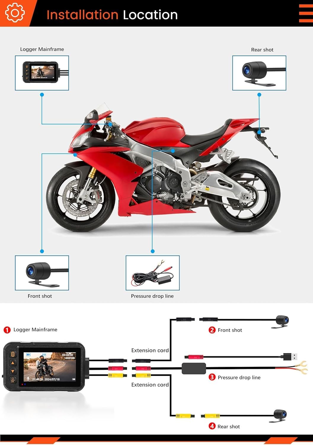CAMECHO Moto Dash Cam 3 Pollici Schermo con 64GB TF Scheda, IP67 Impermeabile Doppia Telecamere Grandangolare 120 Gradi 90 Gradi Fotocamera per Moto con HDR, G-Sensor, Registrazione in Loop