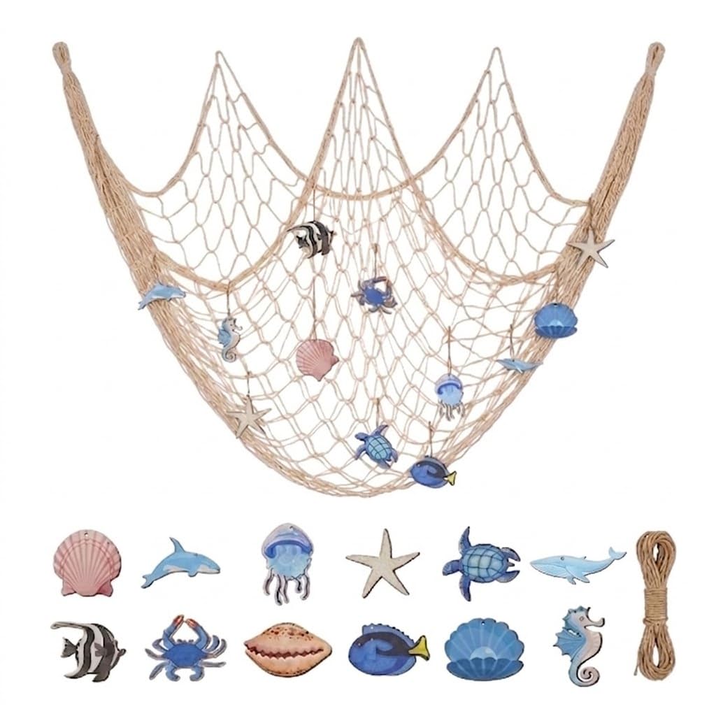 YJQXMYU Fishing Net Decorations, 13Pcs 1x1.5m Cotton Fish Net Wall Hanging with 12 Marine Ornaments, Nautical Decor Set for Bedroom Beach Party Photo Display