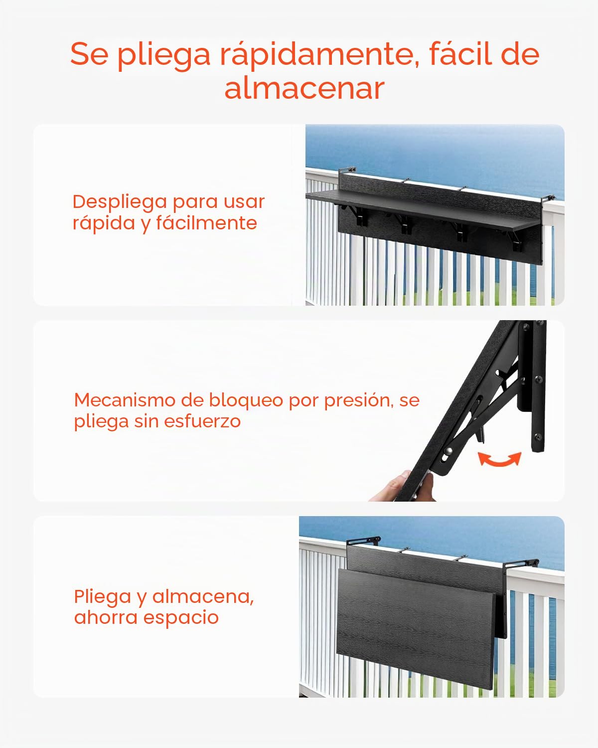 VEVOR Mesa Colgante para Balcón, Mesa Plegable con Barandilla para Balcón de 1500 x 450 x 240 mm, Carga de 22,68 kg, se Adapta a Barandillas de 1-5,91", Mesita de Servicio para Patio y Terraza