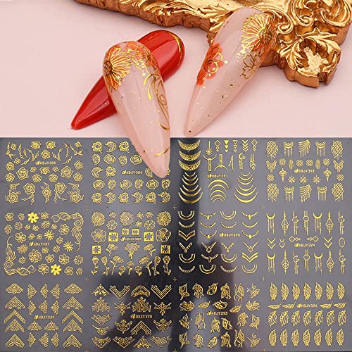 Flowers Nail Art Stickers Decal 3D Self-Adhesive Gold Flower Leaf Lace Nail Supplies Flower Nail Stickers Geometry Line Nail Designs for Women Girls Nail Art Decorations(Gold) - Image 3