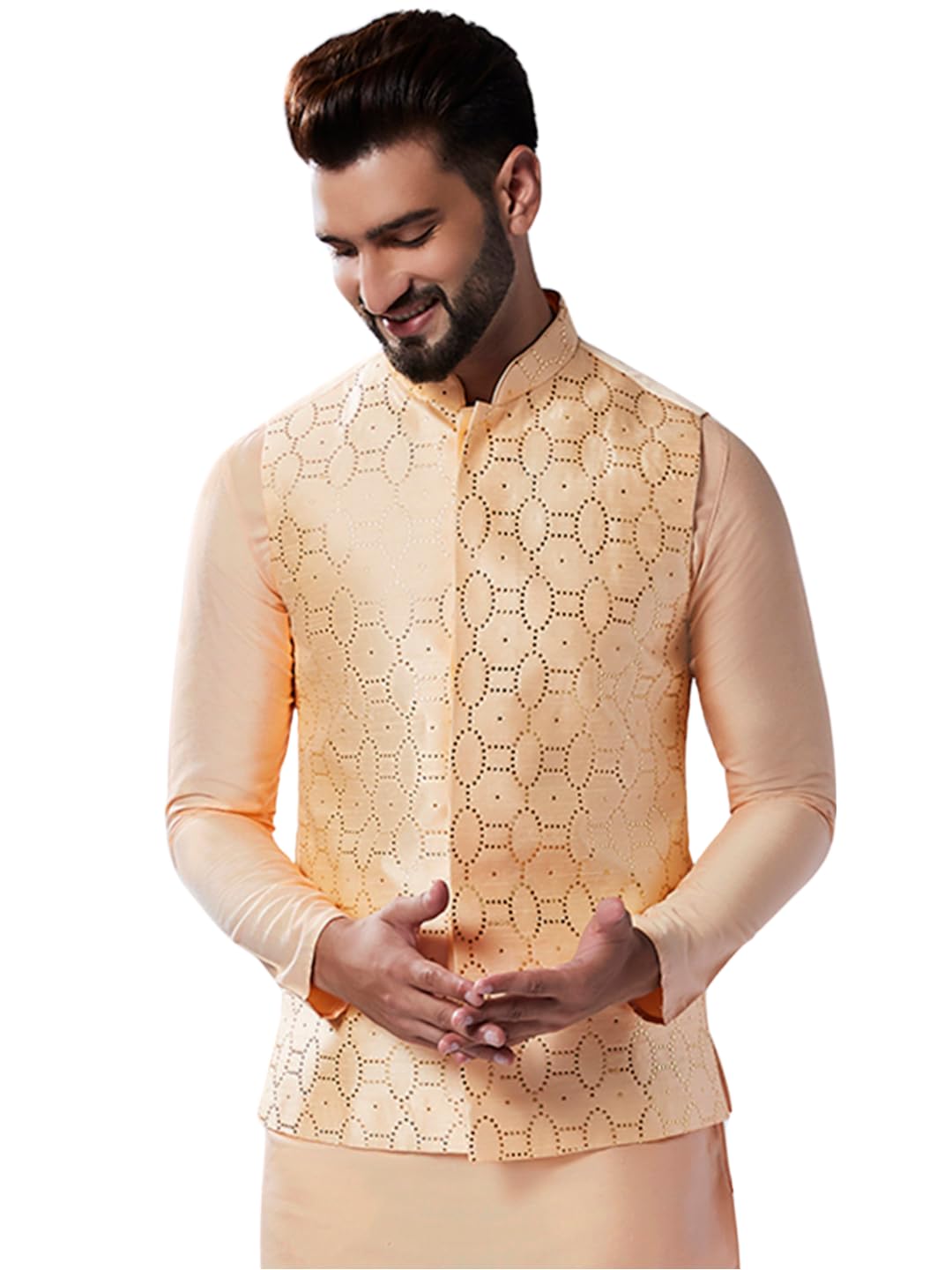kisah Mens Waistcoat, Nude Cotton Blend, Embellished Regular Fit Mandarin Collar Sleeveless-picture-25