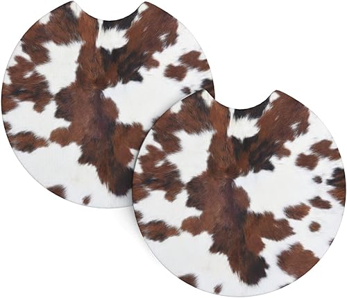 Portavasos de cuero de vaca marrón con estampado de vaca, paquete de 2 posavasos universales para automóvil, tapete de goma antideslizante universal