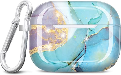 JIAXIUFEN Funda para Airpods Pro de 2 generación, diseño de mármol con purpurina dorada, piel protectora de TPU para mujeres y niñas con llavero
