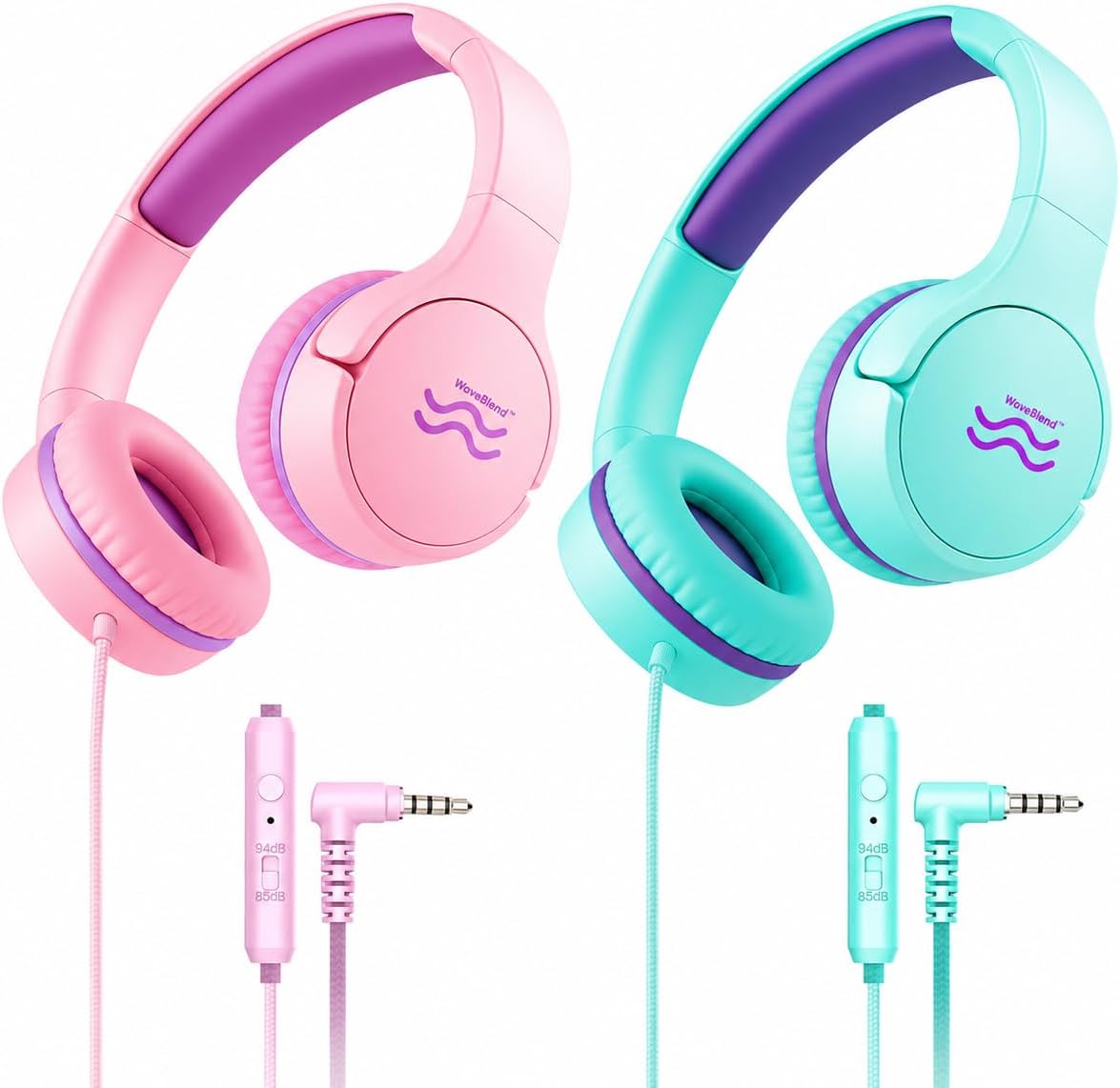2-Pack Wired Kids Headphones with Mic, 85/94dB Volume Limiting, Foldable On-Ear Headset for School, Travel, Tablet & Laptop, 3.5mm Jack, Green/Pink/Purple