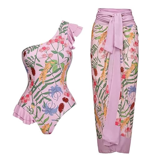 OBEEII Women Two Piece Swimsuit Tummy Control Monokini with Beach Cover up Wrap Skirt Floral Print Tummy Control Tankini Set 2PCS-Y16-2 XL