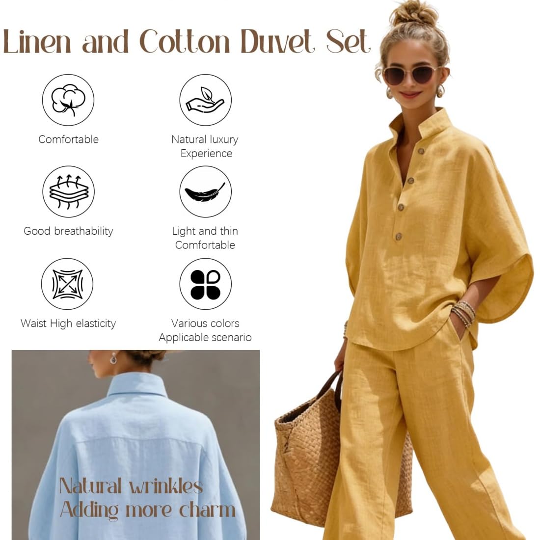 Conjunto de dos piezas de lino y algodón con mangas murciélago para mujer: camisa informal y pantalón de pierna ancha, traje de lino informal de verano, mangas murciélago de 3/4