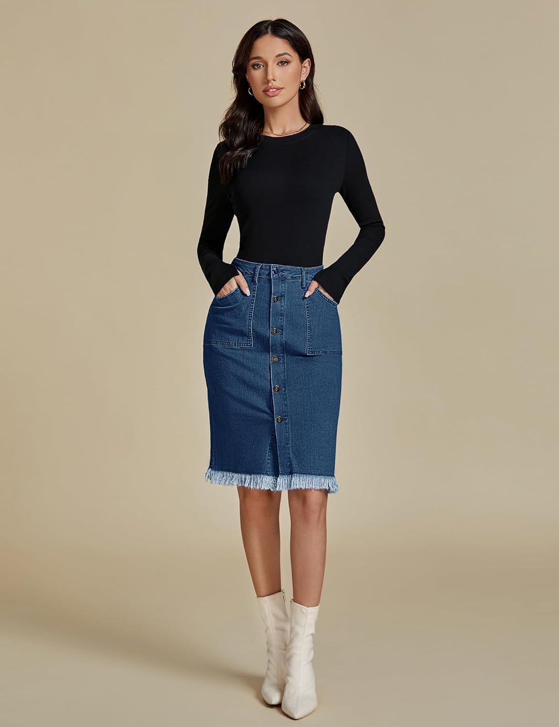 luvamia Women's Casual Mid Rise Button Down Frayed Raw Hem Denim Jean Midi Skirt - Image 7