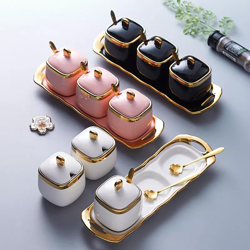 Image of JRM 3Pcs Condiment Jar Condiment Seasoning Pot with Ceramic Tray, Serving Spoon and Lid for Tea Sugar Coffee Salt Pepper and Spices (White)