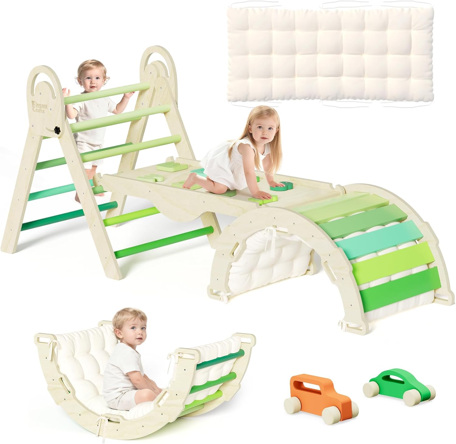 Pikler Triangle Set with Cushion, Montessori Climbing Set, Indoor Climb Toys, Indoor Playground Jungle Gyms, 9 Combinations Climbing Toy Set for Toddler, Baby, Kids 1-4