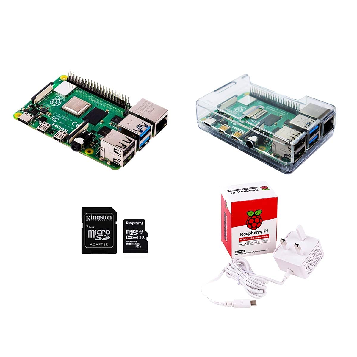 sb components Raspberry Pi 4 Basic Starter Kit (Raspberry Pi 4 Model B, custodia protettiva, alimentatore e scheda MicroSD da 32 GB) trasparente Clear Case 2GB RAM