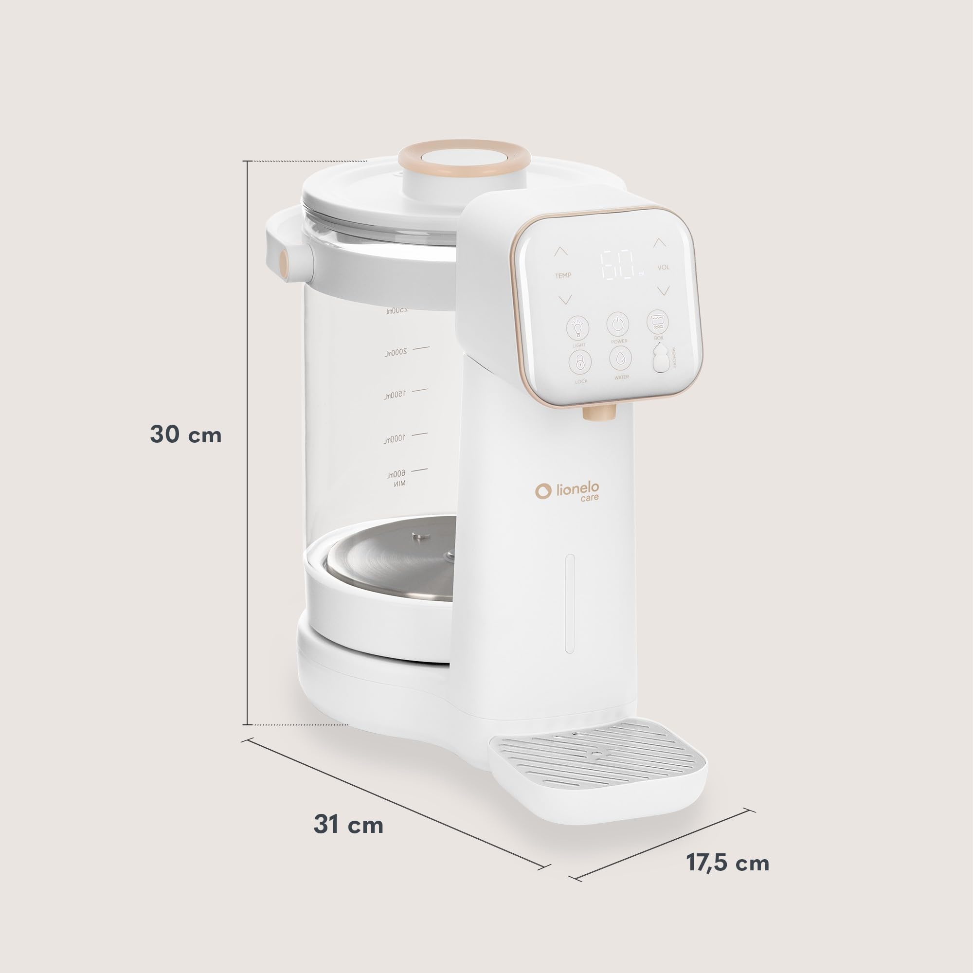 Lionelo BABYPRESTO 2.0 Preparatore Istantaneo di Latte in polvere con Temperatura Regolabile 40-100°C, Dosaggio Automatico 30-300 ml, Formula Scaldabiberon, Dispenser Acqua 3L, Declorazione, Igiene UV