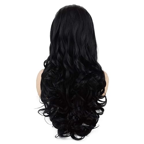 Miniatura 4 de Pelucas sintéticas con encaje frontal de 26 pulgadas de largo y ondulado largo y negro atado a mano de alta densidad