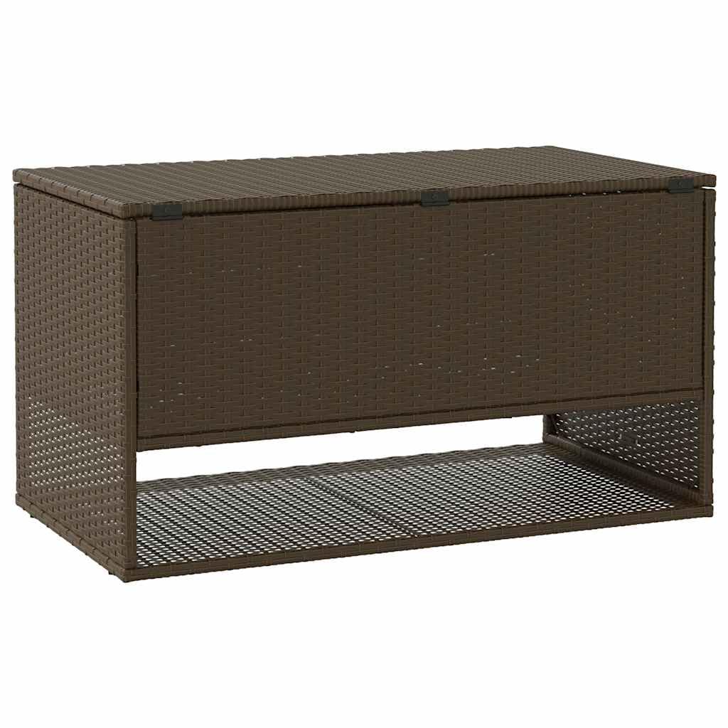 Skrzynka na poduszki do użytku na zewnątrz, brązowa z polirattanu, malowana proszkowo rama stalowa, 100 x 55 x 55,5 cm, wodoodporna skrzynia do przechowywania ogrodu z pokrywką, na taras